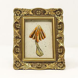 Small Original Mushroom Acrylic Painting Ornate Gold Frame Folk Art 4x5